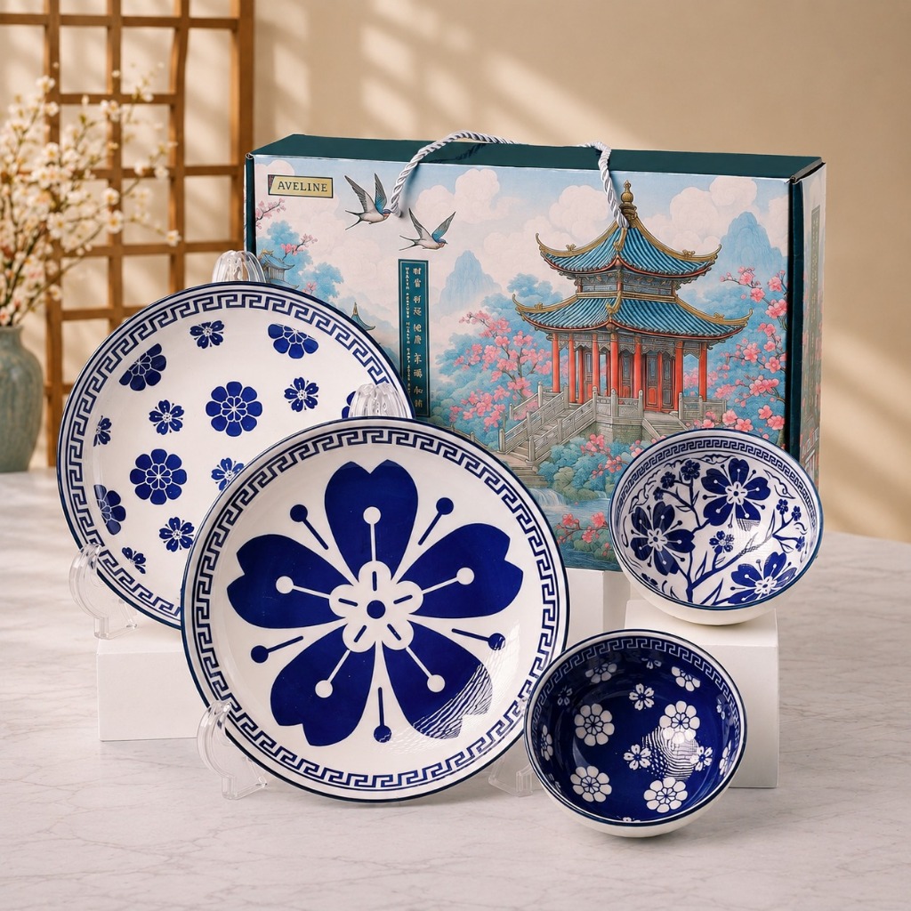 Aveline [ SET BESAR ] Hampers Mangkok Set Premium Peralatan Makan 2 Mangkok + 2 Piring / Mangkok Eiko Set Japanese Style Bowl And Plate / Piring Mangkok Set / Mangkok Set Keramik Souvenir