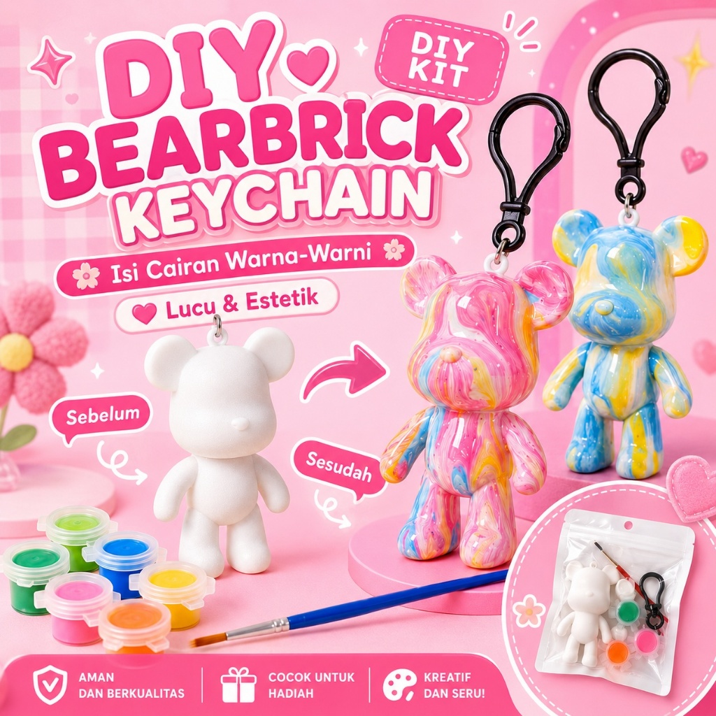 Gantungan Kunci DIY Bearbrick | Mainan Edukasi Anak & Seni Cat | Keychain Beruang Isi Cairan Estetik