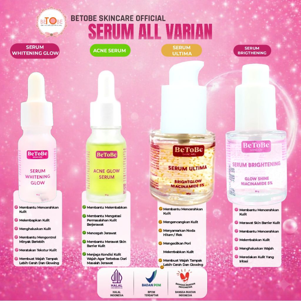 Betobe Serum Pelicin Wajah All Varian Mencerahkan Mengglowingkan, Menyamarkan Noda Hitam / Flek, Melembabkan Meratakan Warna Kulit Menghidrasi, Mengecilkan Pori & Merawat Skinbarrier Sudah BPOM & HALAL
