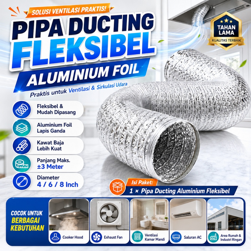Jual Pipa Exhaust Aluminium 4/6/8 Inch Flexible Ducting 3 Meter Pipa ...