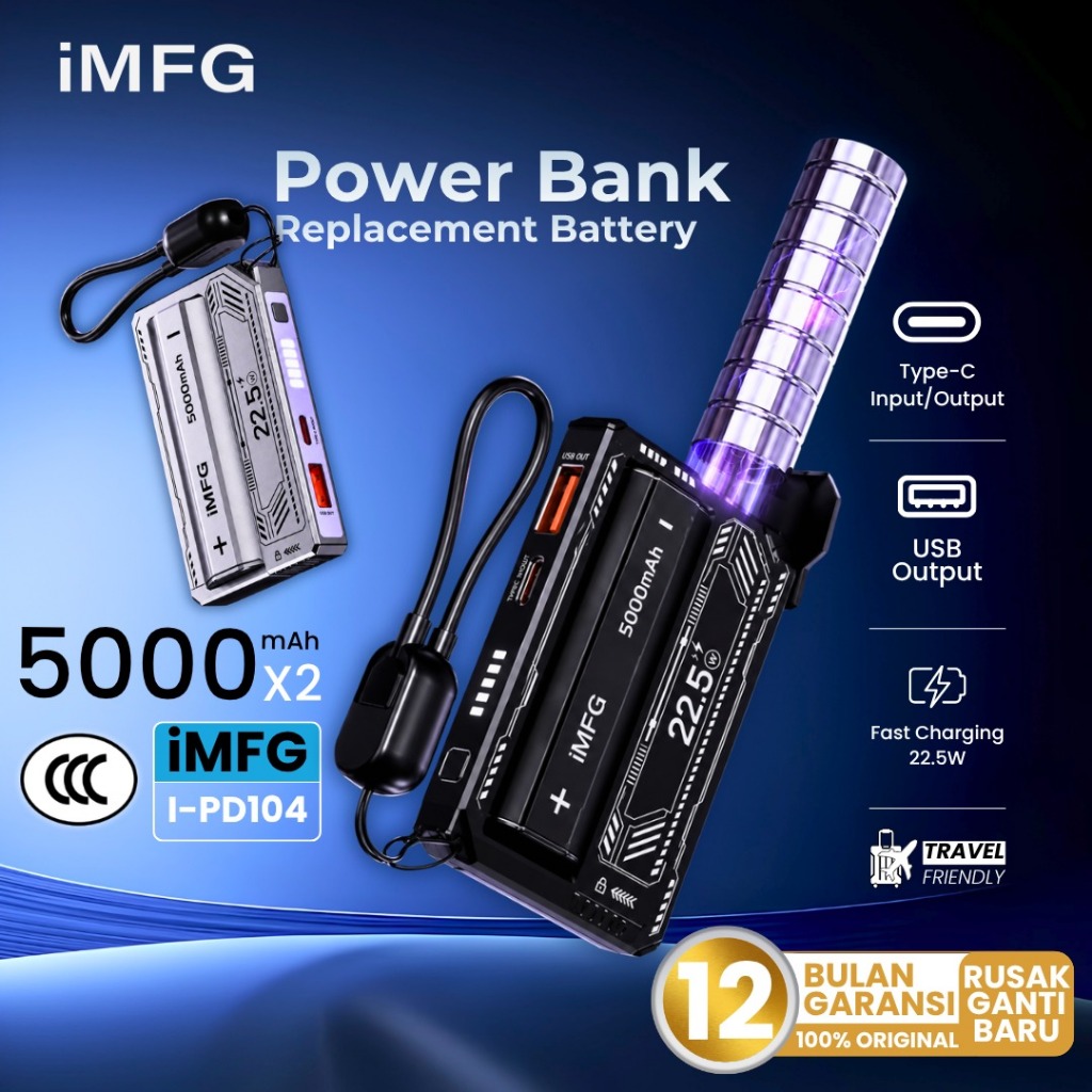 iMFG CCC Powerbank 10.000mAh PD 22.5W - Fast Charging, Double Battery 5000mAh, Built-in Type-C Cable, LED Indicator, Mecha Style