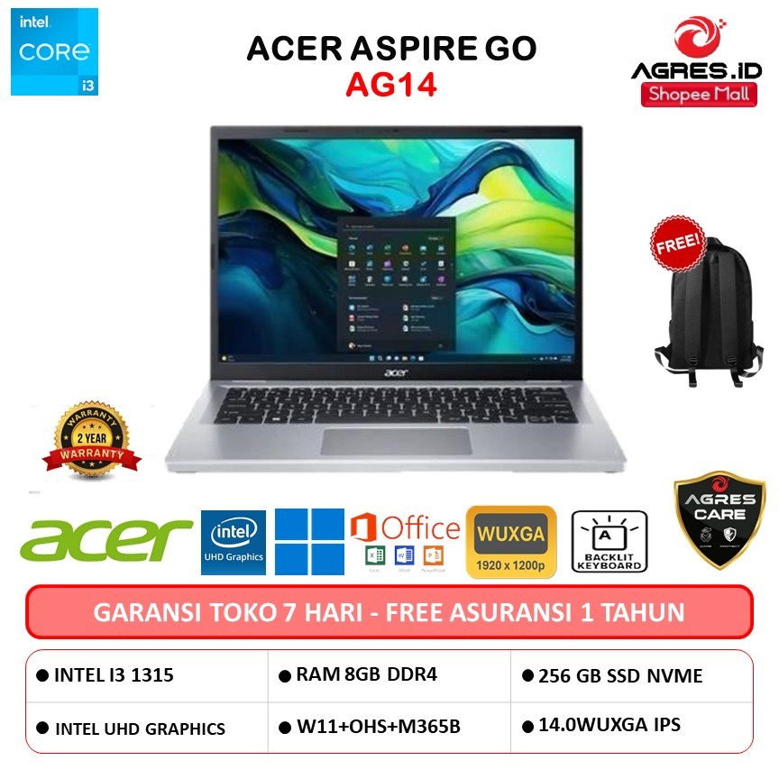 Jual ACER ASPIRE GO 14 AG14 I3 1315 8GB 256GB W11+OHS+M365B 14.0WUXGA ...