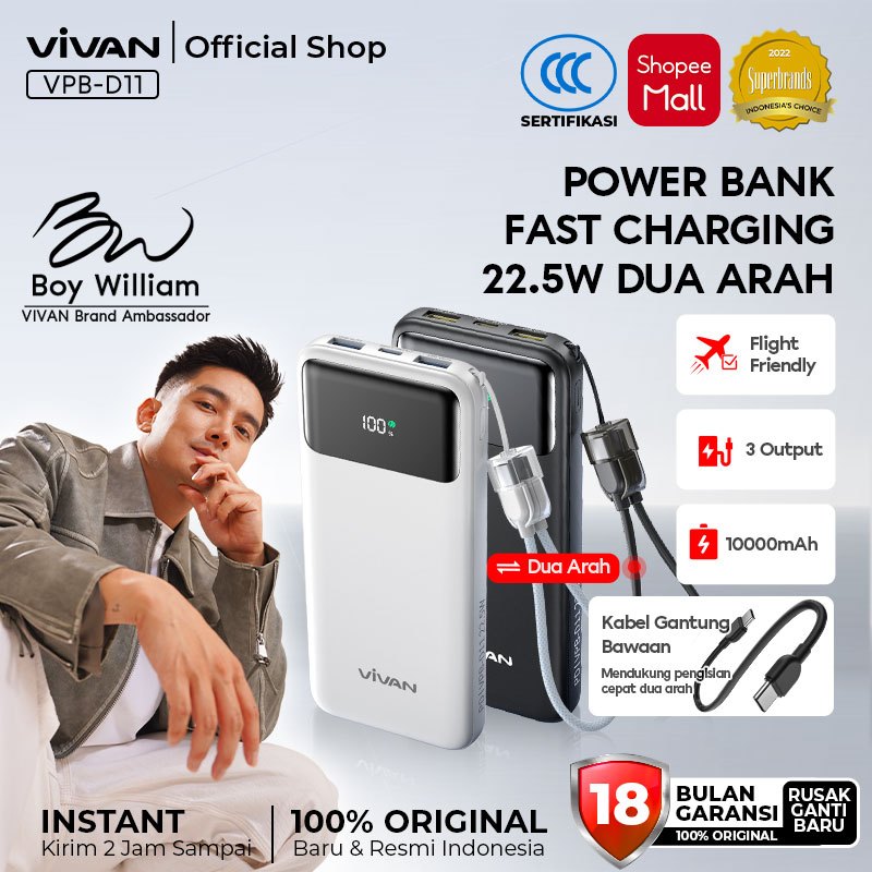 [Sertifikat CCC] VIVAN Powerbank Turbo Fast Charging 10000mAh 20000mAh Fast Charging 22.5W LED Display 3 Output Free Kabel Pengisian Dua Arah VPB-D11 VPB-D21 Garansi 18 Bulan (2)