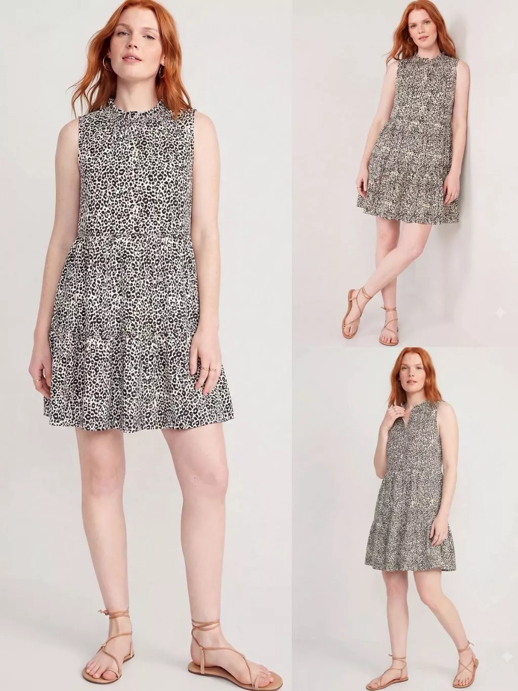 Dress Mini Wanita OLN Animal Print Tiered Ruffle Keyhole Neck Sleeveless Dress - 2462