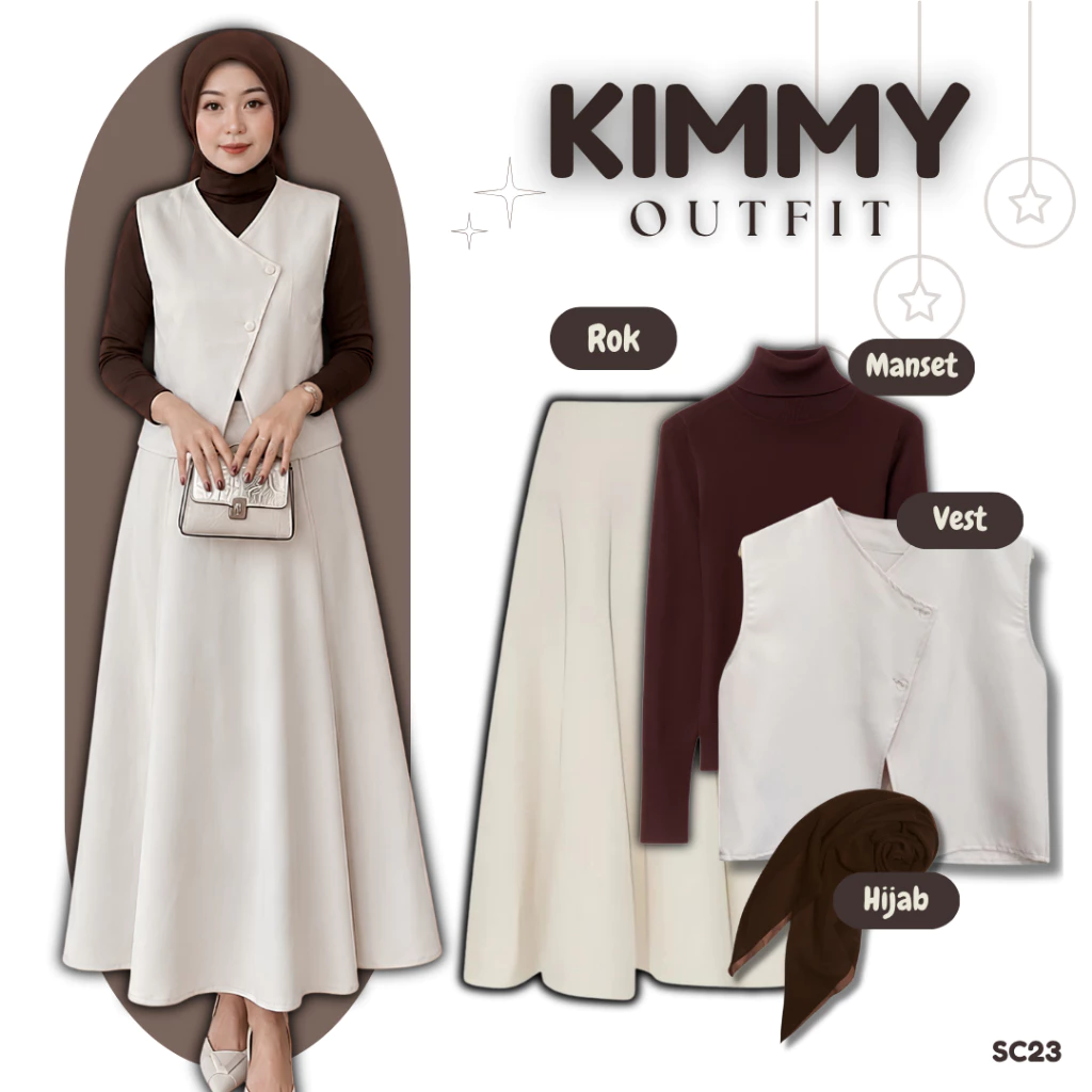 Setalan Remaja Trendy | Vest Kimmy Manset Rok Joda Hijab | Outfit Elegan 3IN1 Murah Hangout Ngopi Cantik OOTD Simpel SC23