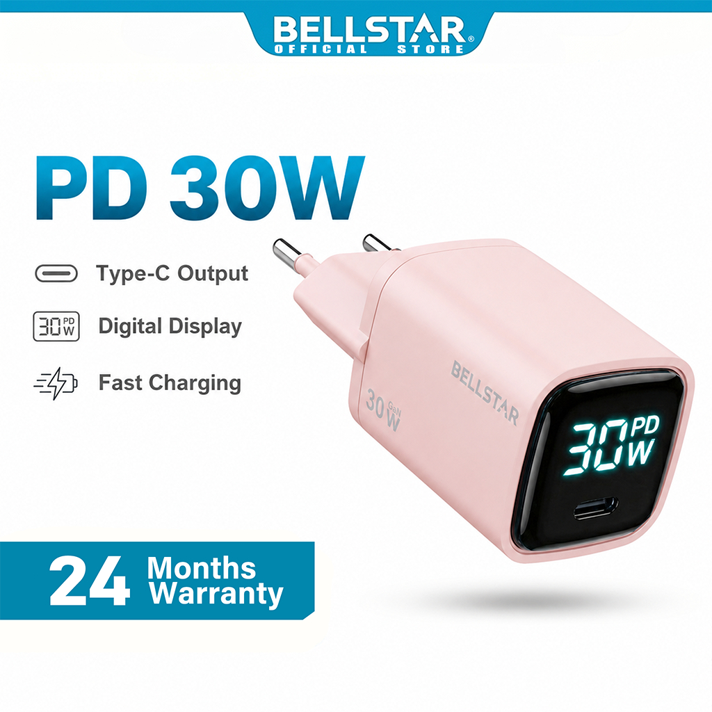 BELLSTAR Adaptor Charger Type C Fast Charging PD 30W PINK Charger iPhone for iPhone 15 Samsung infinix xiaomi redmi Electroplating digital display Kepala Charger USB C Layar Digital Casan HP Android Tablet Powerbank Pengisi Daya Cepat EU Plug Compact Mini
