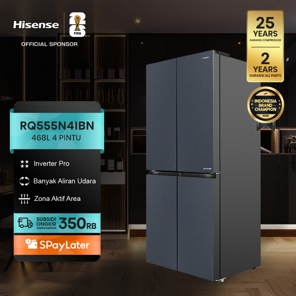 Hisense Kulkas RQ555N4IBN Refrigerator 4 Pintu Kapasitas 468L Warna Hitam Inverter Pro 360 Derajat Multi Air Flow All Zone Active Hygiene and Removable Twist Ice Maker LED Display & Gentle LED Lighting Large Capacity Freezer