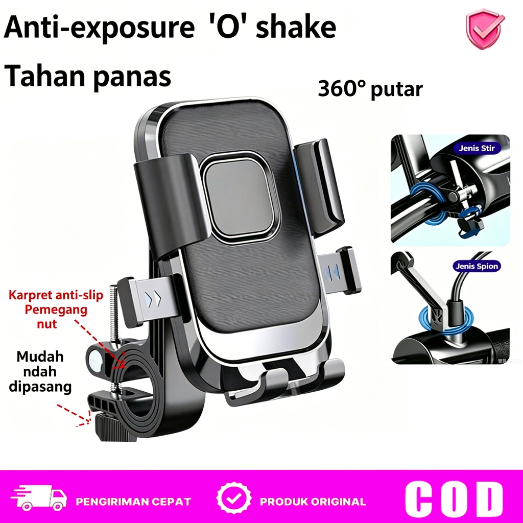 Holder HP Motor Universal Stang & Spion Anti Getar Anti Jatuh Tahan Panas Rotasi 360 Derajat COD