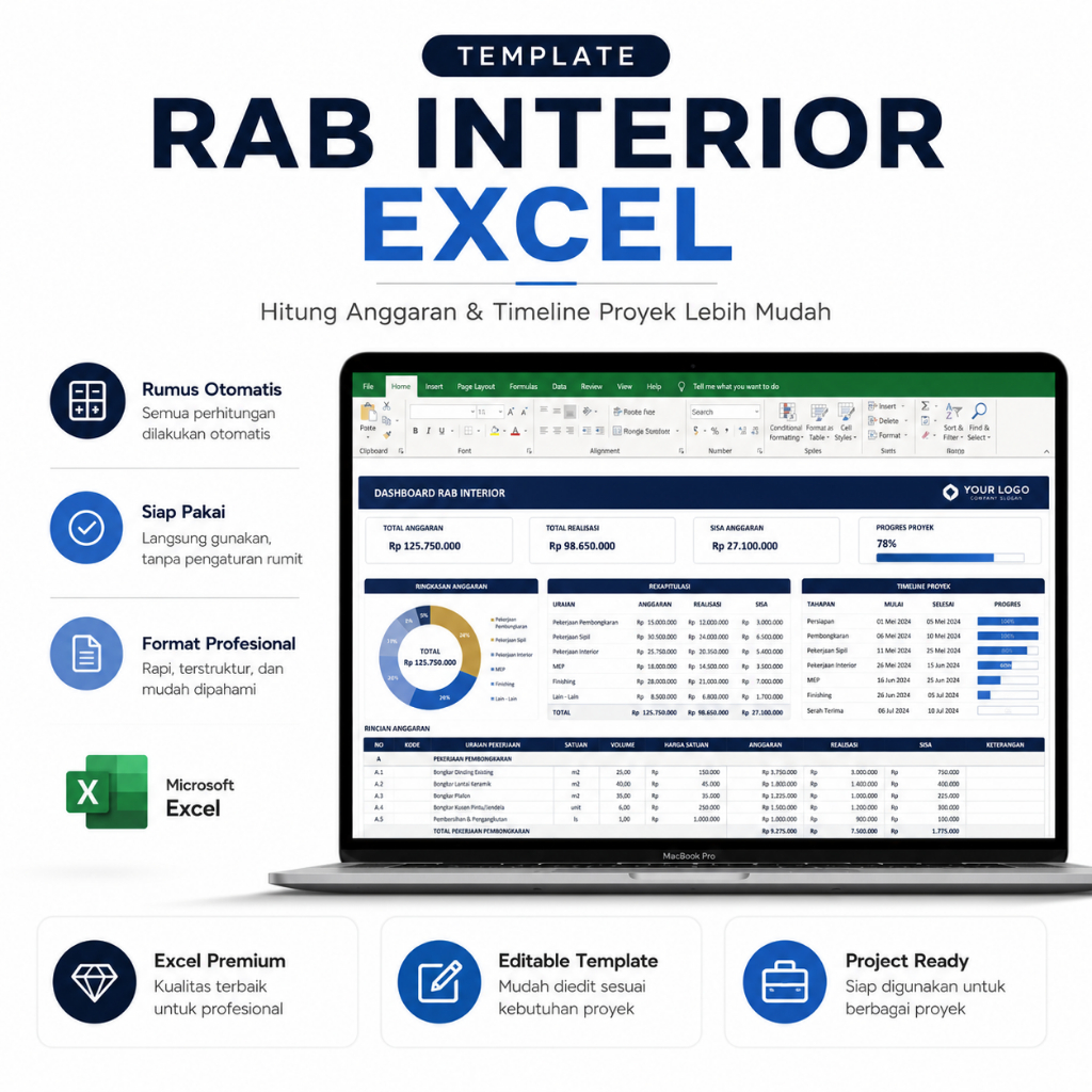 Template RAB Interior Excel Otomatis - Hitung Anggaran, Material & Timeline Proyek | Siap Pakai Profesional