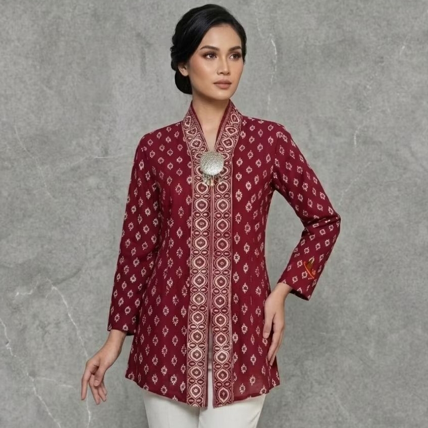 Blouse batik kartini bahan katun batik cap original warna merah maroon