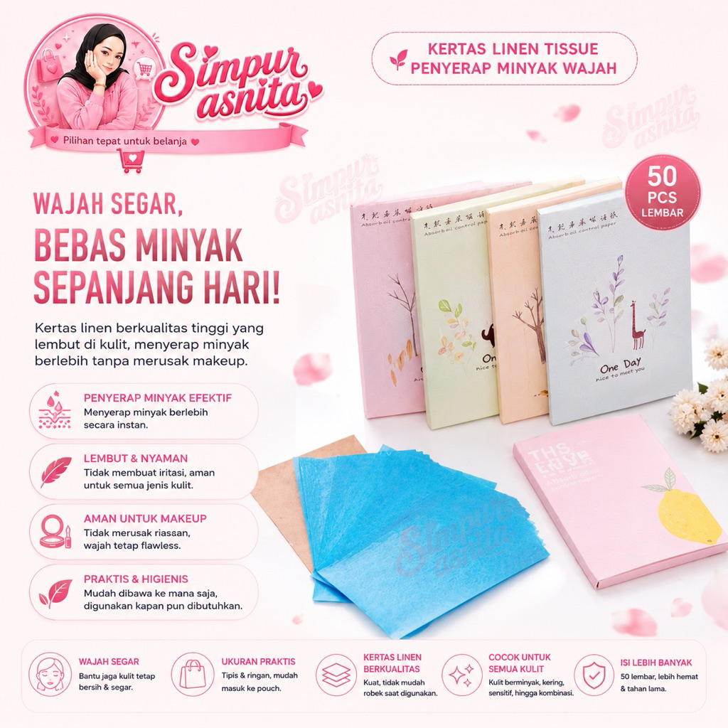SKINHii - 50 lembar Kertas Linen Tissue Penyerap Minyak Wajah 50Pcs Menyerap Minyak Muka