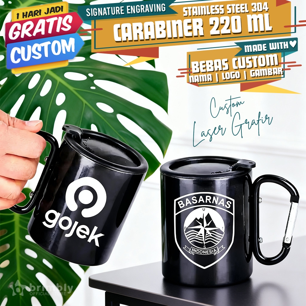 Gelas Camping 220ml Carabiner Stainless Steel Gratis Custom Grafir Nama Logo | 1 Hari Jadi | Mug Outdoor Travel