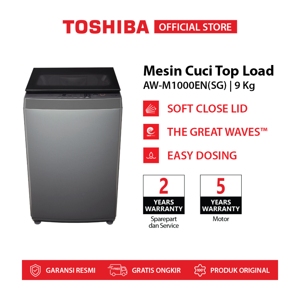 TOSHIBA Mesin Cuci Top Loading 9kg Model AW-M1000EN(SG) / Bukaan Atas/1 Tabung