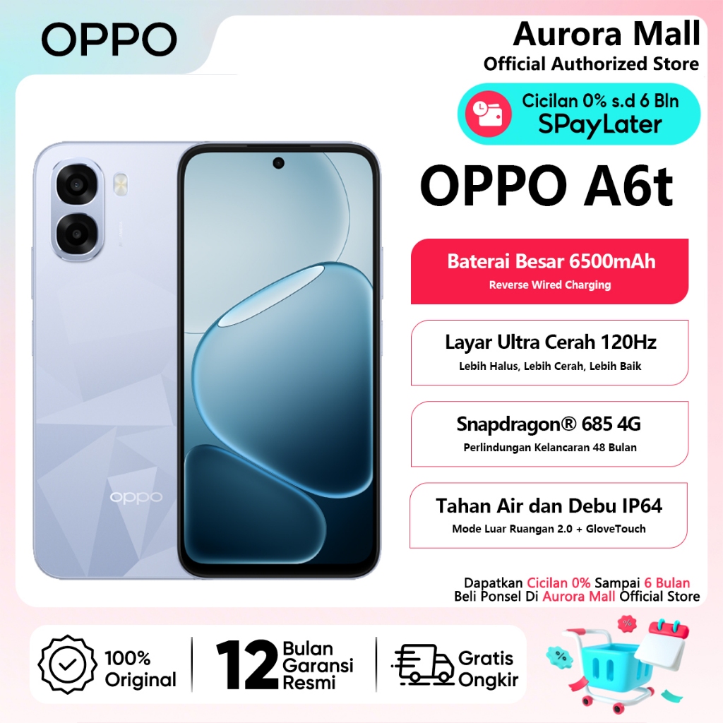 OPPO A6t 6/128GB (6GB+6GB Extended RAM) Snapdragon 685 HP Android Murah Terbaru 2026 Official Store