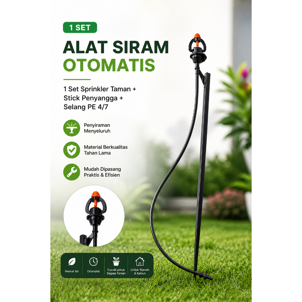 1 Set Sprinkler Taman Otomatis + Stick Penyangga + Selang PE 4/7 Kapasitas 45 L/Jam & 95 L/Jam (Part Gratis)