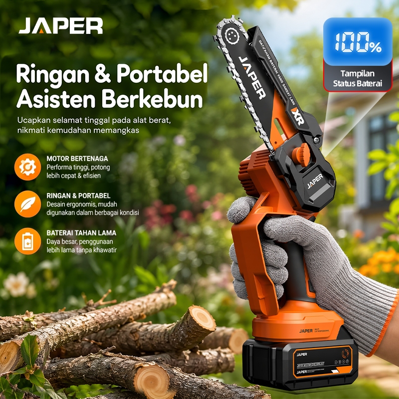 JAPER 6 inci ge Gergaji rantai tanpa kabel rgaji rantai listrik gergaji rantai bertenaga baterai motor tanpa sikat gergaji rantai listrik mini cocok untuk pengerjaan kayu dapat memotong kayu hingga ketebalan 35cm