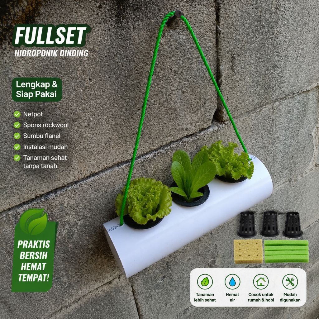 Pot Hidroponik Dinding PVC 3 Lubang Fullset Netpot Rockwool Sumbu Flanel Siap Tanam Hemat Tempat.