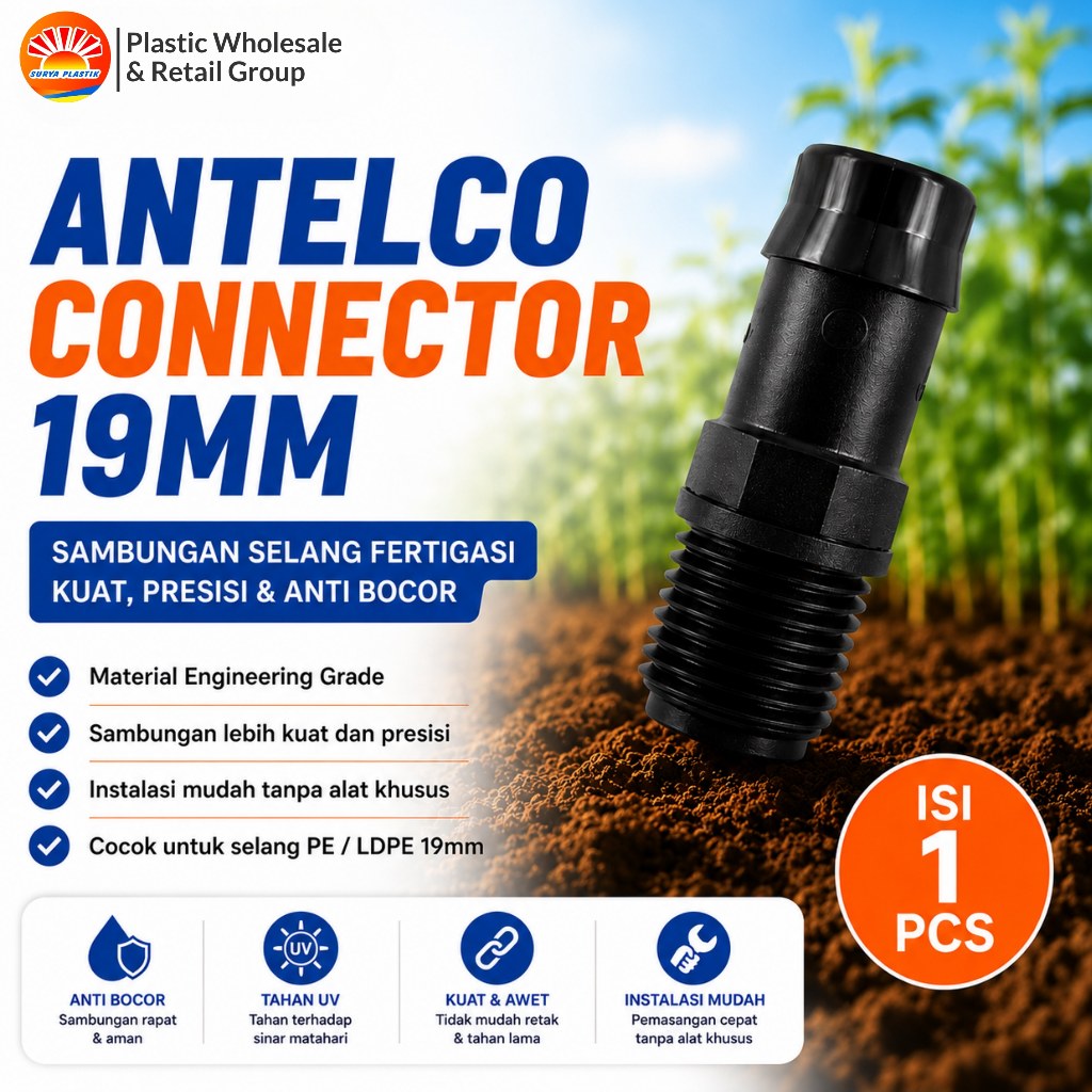 Antelco Connector 19mm - Sambungan Selang PE Irigasi Tetes Fertigasi Pertanian Modern
