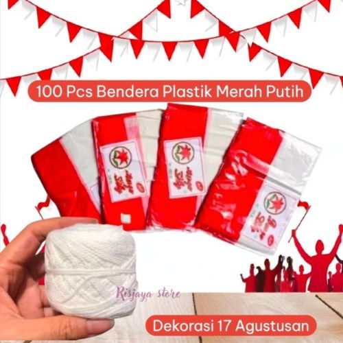 (100 Lembar) Bendera Plastik Merah Putih + Tali 10 meter Dekorasi 17 Agustus Warna Cerah / Bendera gantung Umbul-Umbuk Merah Putih HUT RI