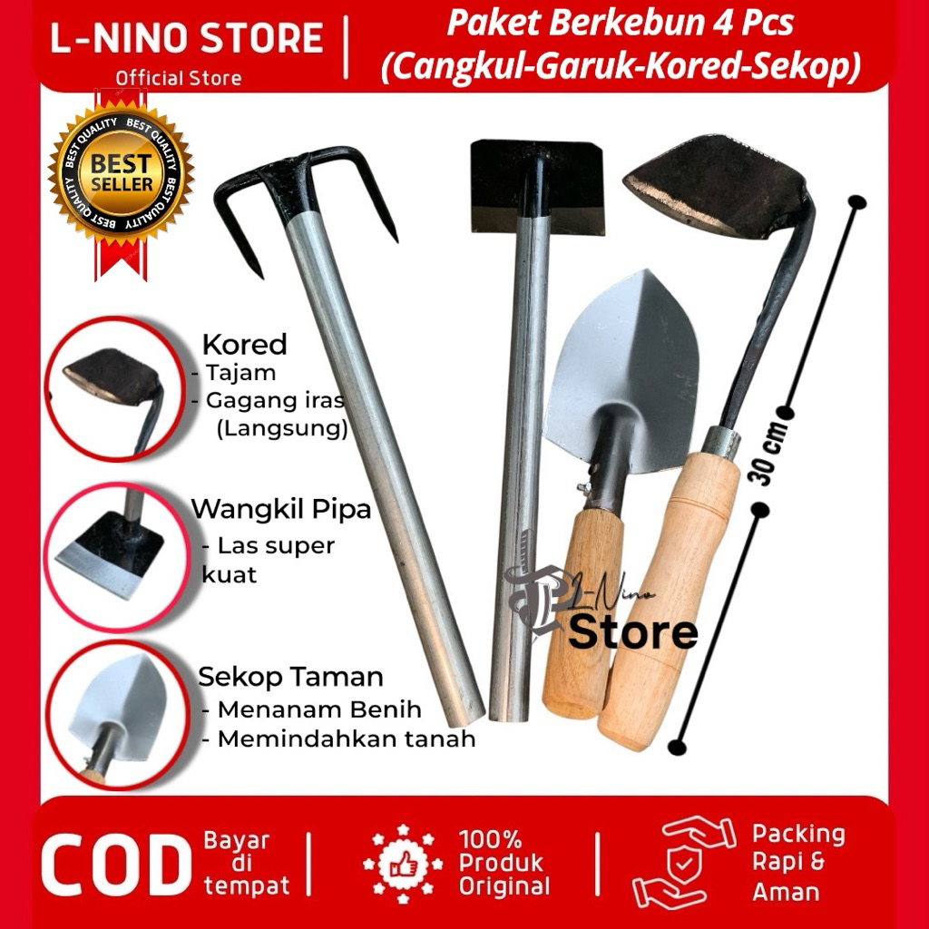 PAKET BERKEBUN ISI 4PCS ORIGINAL L-NINO | Kored IRAS TANPA LAS+Cangkul+garuk rumput+sekop |