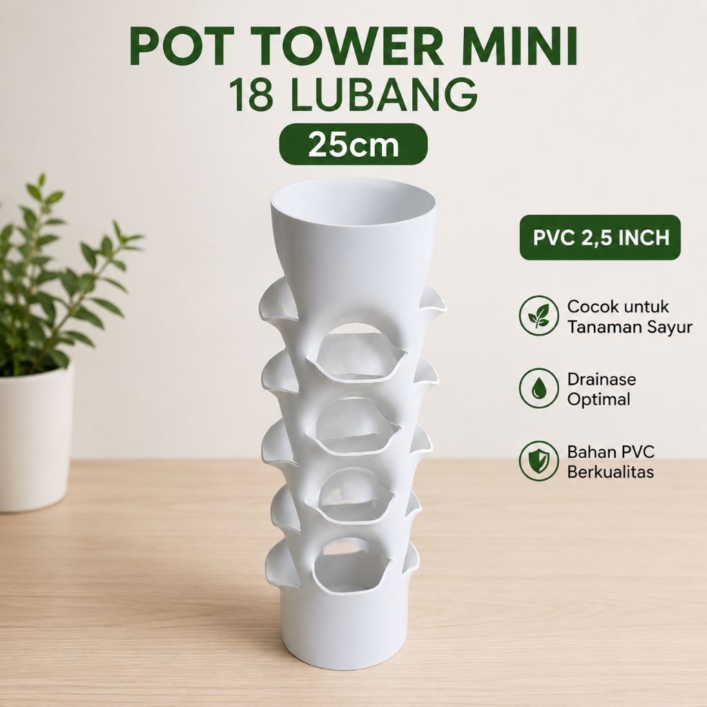 Pot Tower Mini Hidroponik PVC 18 Lubang 25cmPot Tanam Vertikal PVC 2,5 Inch 25cmPot Sayur Hidroponik Dinding 18 LubangPot Hidroponik Gantung PVC Premium 25cmPot Tanam Strawberry Vertikal 18 Titik TanamMini Hydro Tower PVC 25cm 18 LubangPot Kebun Vertikal