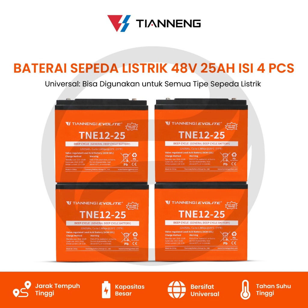 Baterai / Aki Premium Tianneng Evolite 48V 25Ah – High Temperature Deep Cycle (Isi 4 Pcs) untuk Sepeda & Motor Listrik
