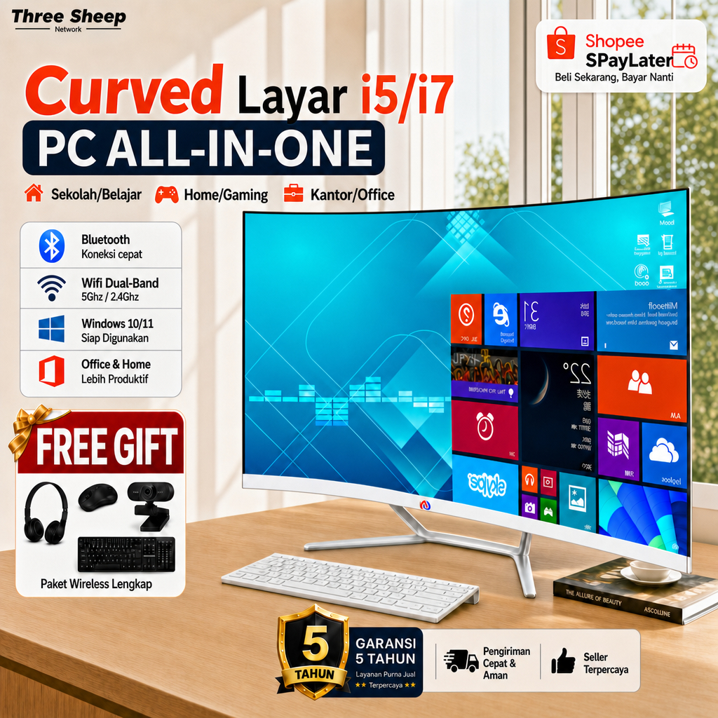 TSN Curved All in one PC Komputer gaming Baru, Core Intel i5/i3 RAM 8G/16G/32G+SSD256G/512G+Layar Full HD 19/22/24 Inch Desktop Monitor PC 99%SRGB - Computer wifi/bluetooth Windows10/11 Pro Gratis Keyboard dan Mouse Dapat dipilih