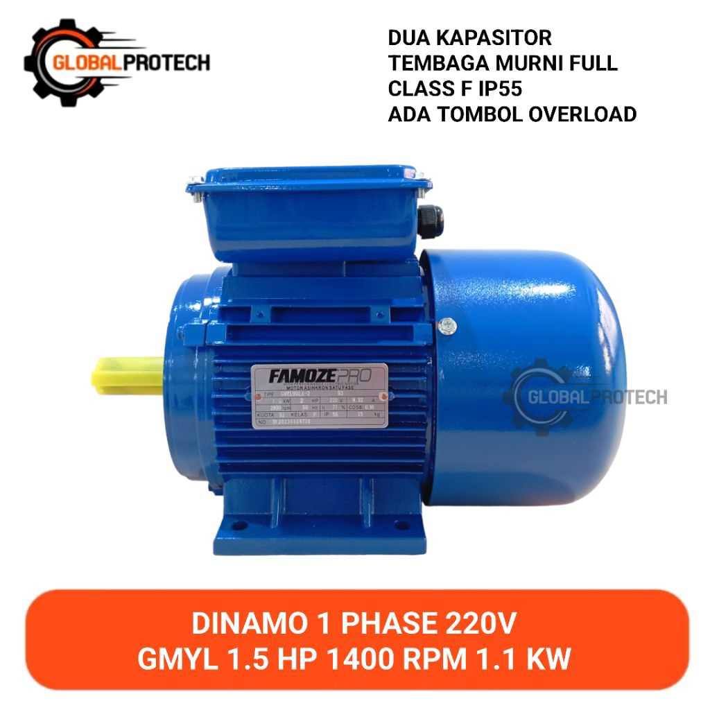 Dinamo 1 Phase 1,5 HP 1400 RPM 1.1 KW Tipe GMYL 220V Famoze Pro Class F 1,1 KW 4pole Elektrik Motor Penggerak 1.5 PK Dua Kapasitor Tembaga Murni Full
