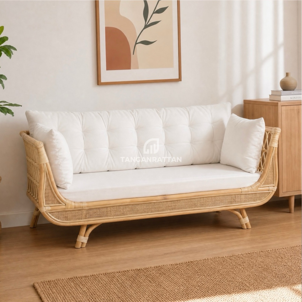 Sofa Bench Rotan Asli Minimalis 3 Seater Dan Busa Premium / Sofa Bianca Ruang Tamu Rotan Natural Estetik