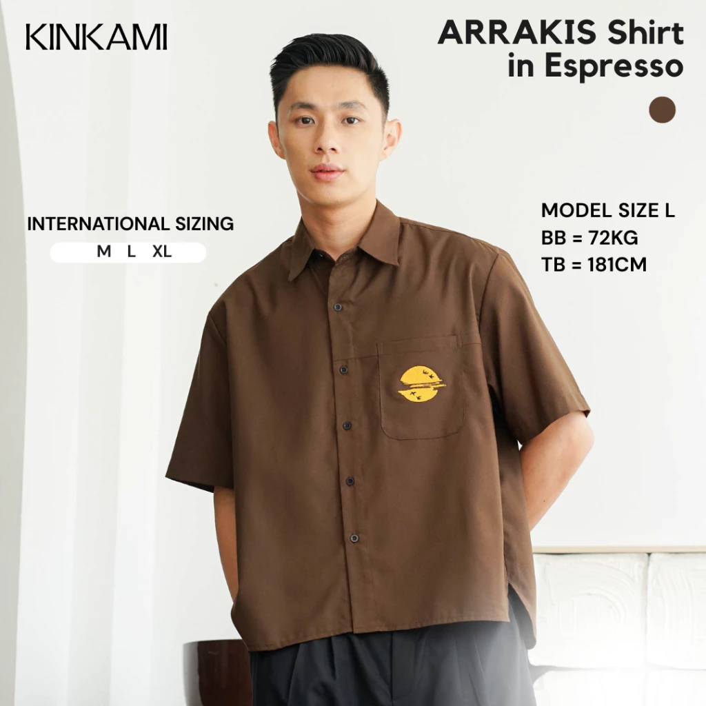 Kemeja Pria Boxy Cut Lengan Pendek Premium |  ARRAKIS Shirt Espresso by KINKAMI x Tysna Saputra