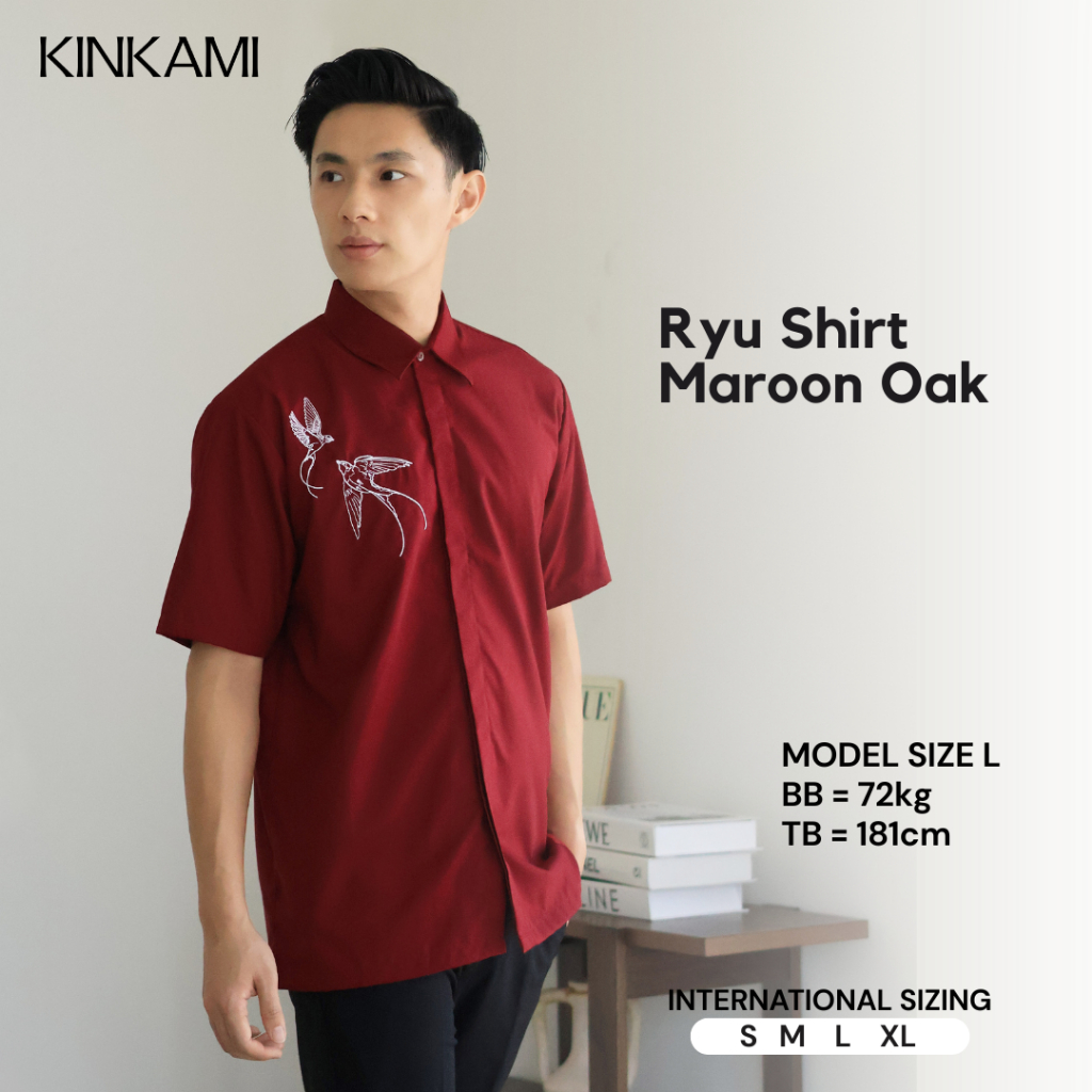 Kemeja Pria Lengan Pendek Premium Motif Bordir Binatang | Baju Atasan | RYU Maroon Oak by KINKAMI