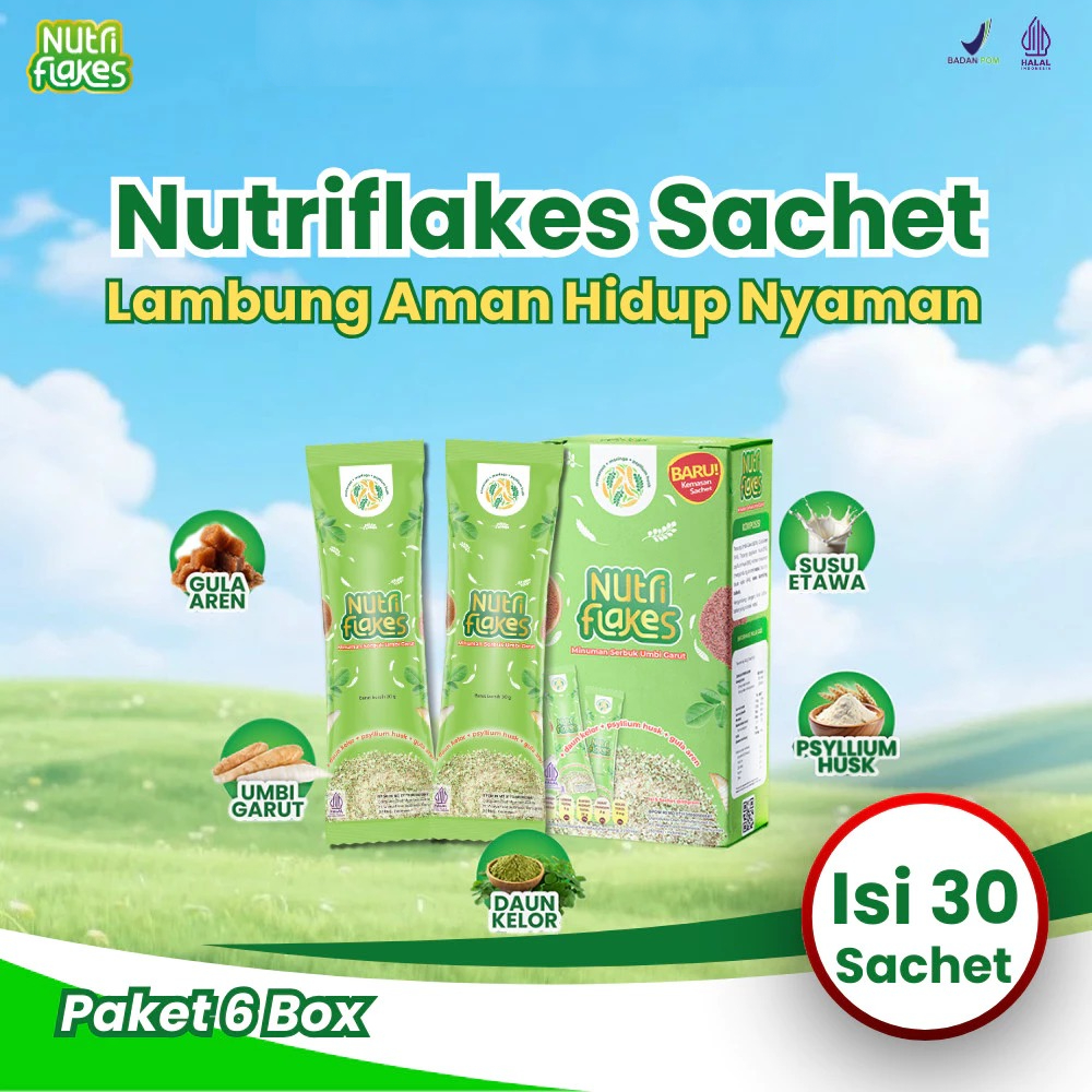 Nutriflakes Sachet 6 Box  Sereal Umbi Garut 280gr - Mengatasi Asam Lambung, Menurunkan Kolesterol, Sumber Serat