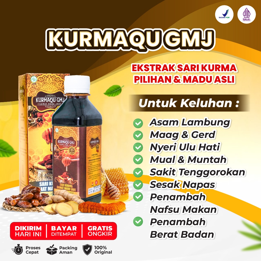 KURMAQU GMJ Untuk Asam Lambung Naik Obat Maag Kronis Gerd Gangguan Pencernaan Penambah Nafsu Makan Penambah Berat Badan Sesak Nafas Perbersih Flek Paru Paru TBC Batuk Berdarah Vitamin Kurma Madu Gamat Jahe BPOM PALING AMPUH Namun Tergantung Kondisi Tubuh