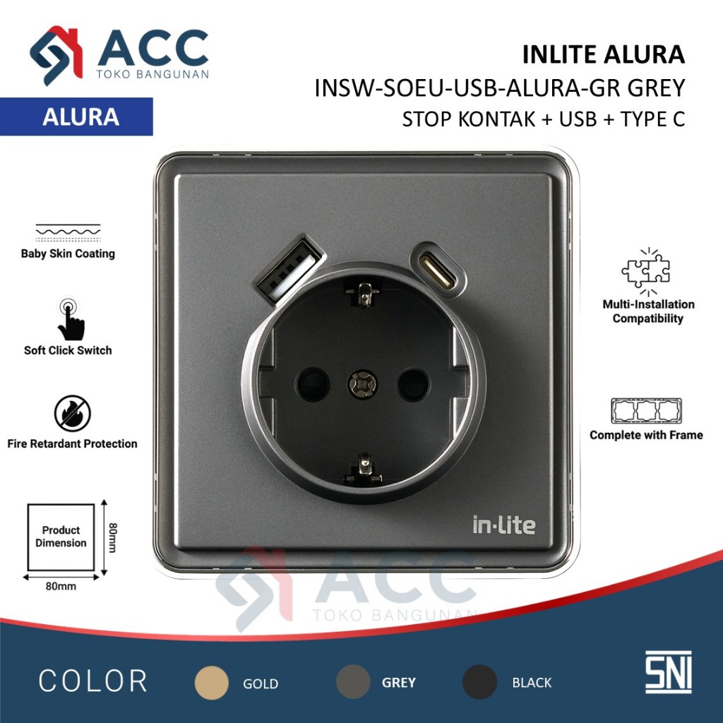 Jual INLITE ALURA STOP KONTAK + USB + TYPE C SAKLAR LISTRIK GREY GOLD ...
