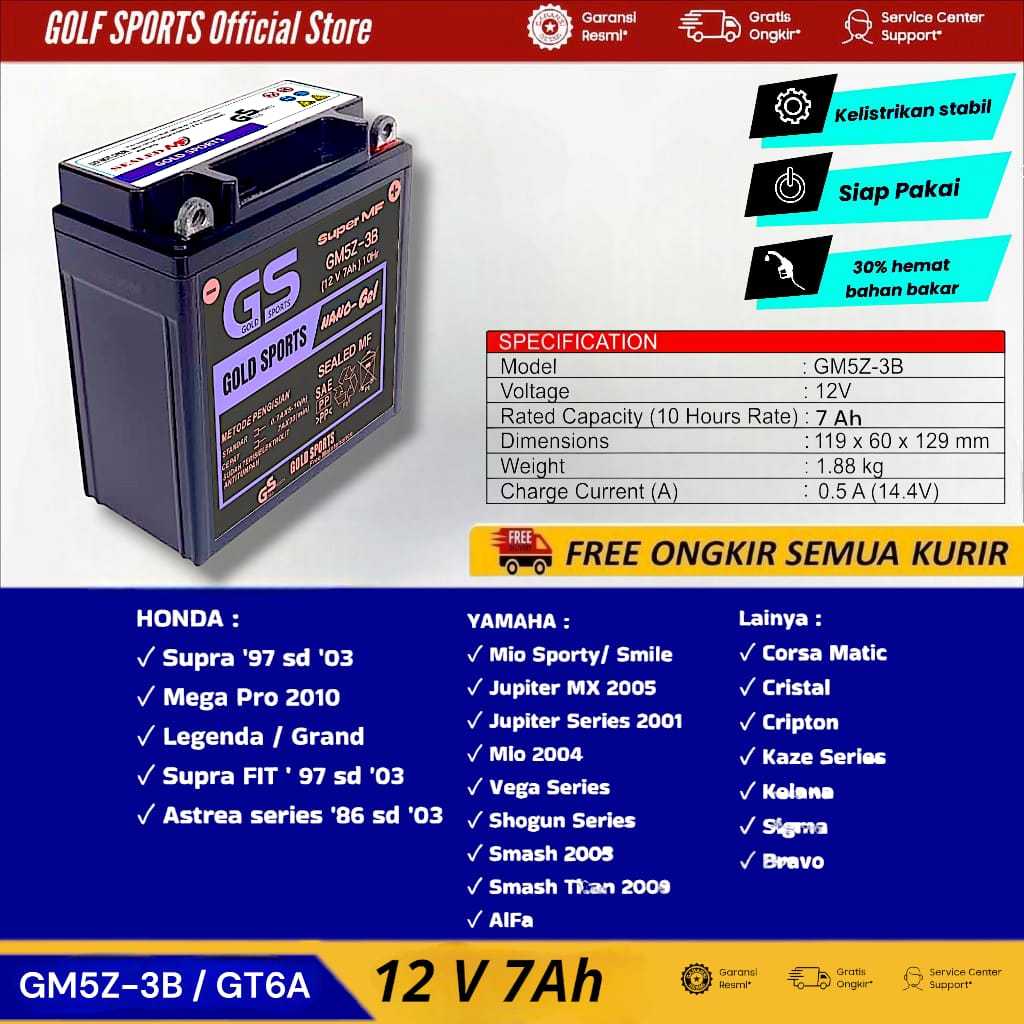 GOLF SPORTS Aki Motor Full Kering GM5Z-3B 12V7Ah HONDA Supra Supra X Grand Mega Pro Astrea Prima Supra Fit YAMAHA Mio Sporty Vega R All Varian Vega ZR Jupiter Z MX Lama F1ZR Crypton SUZUKI Smash Shogun Tornado GS