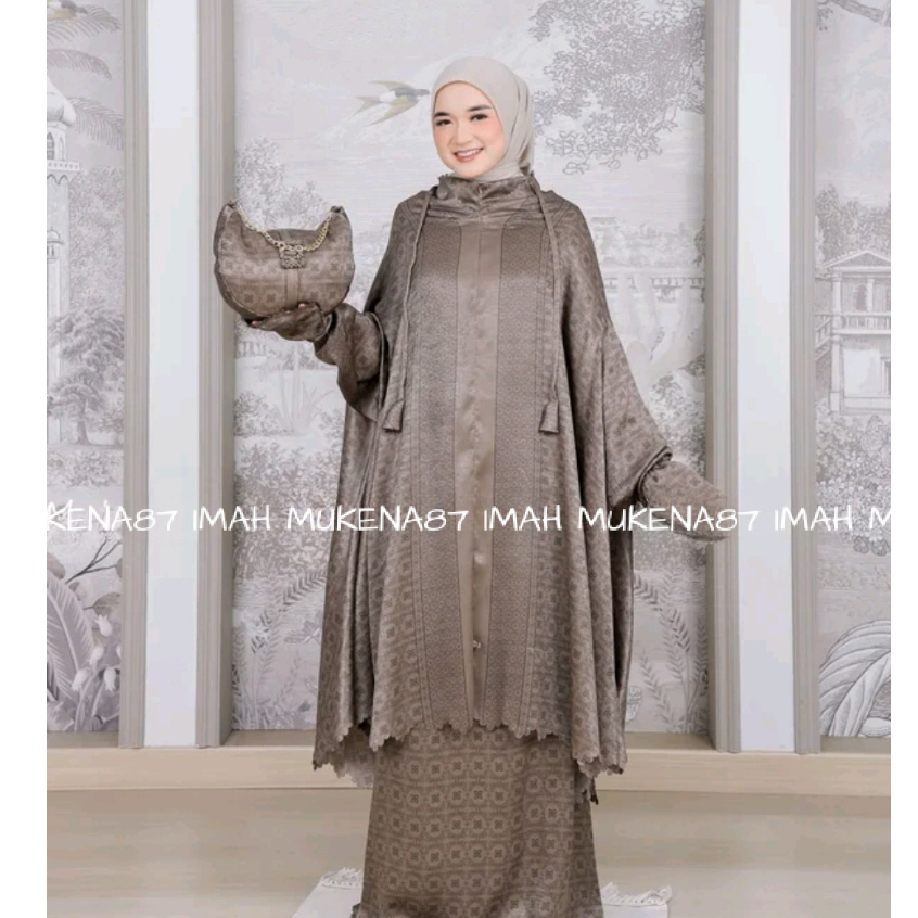 Mukena Umroh Haji Silk 2in1 Berdagu Motif Cantik Mukenah Stelan Berlengan sutra Santorini Premium Jumbo
