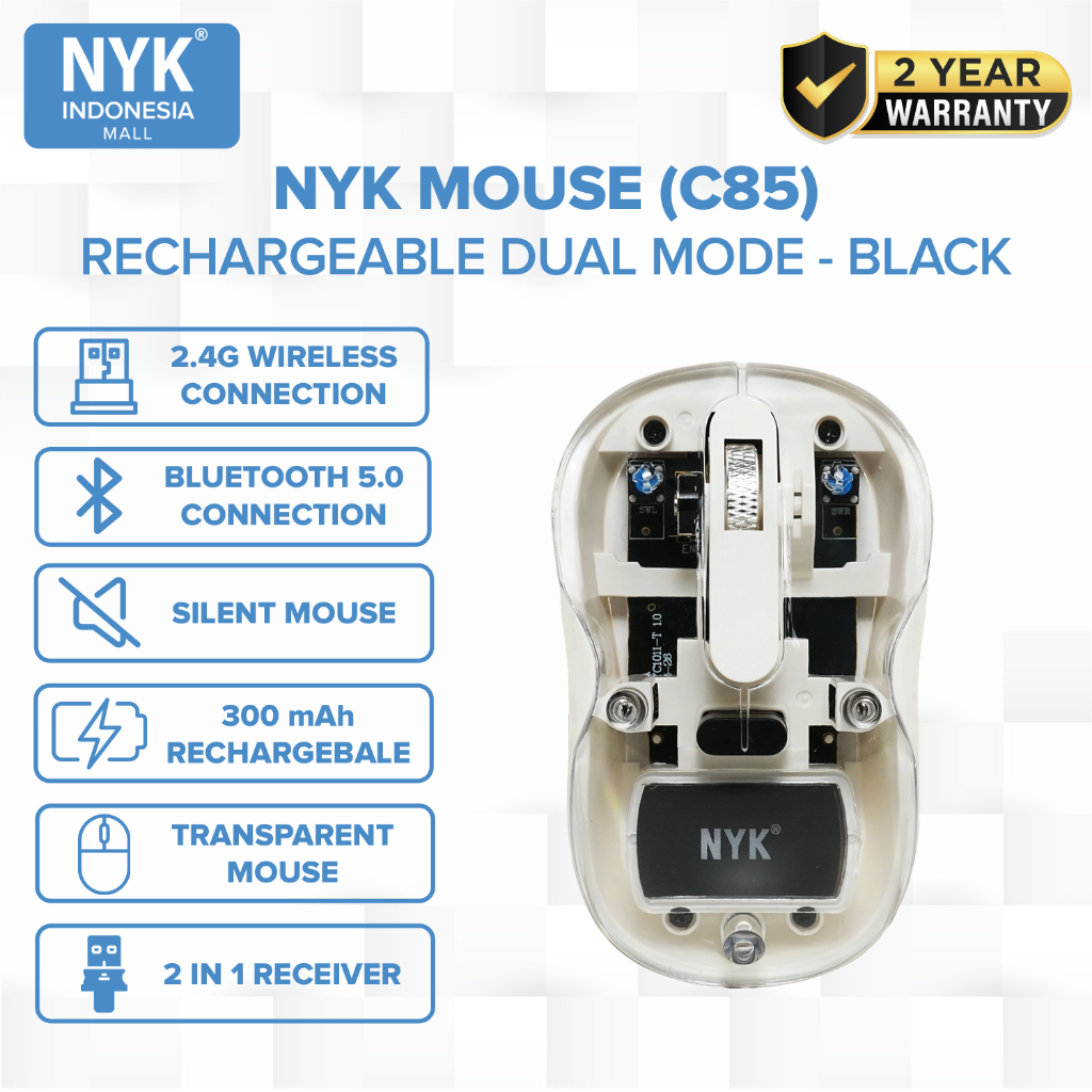 NYK C85 Dual Mode Rechargeable Wireless Silent Optical Transparan Putih COD