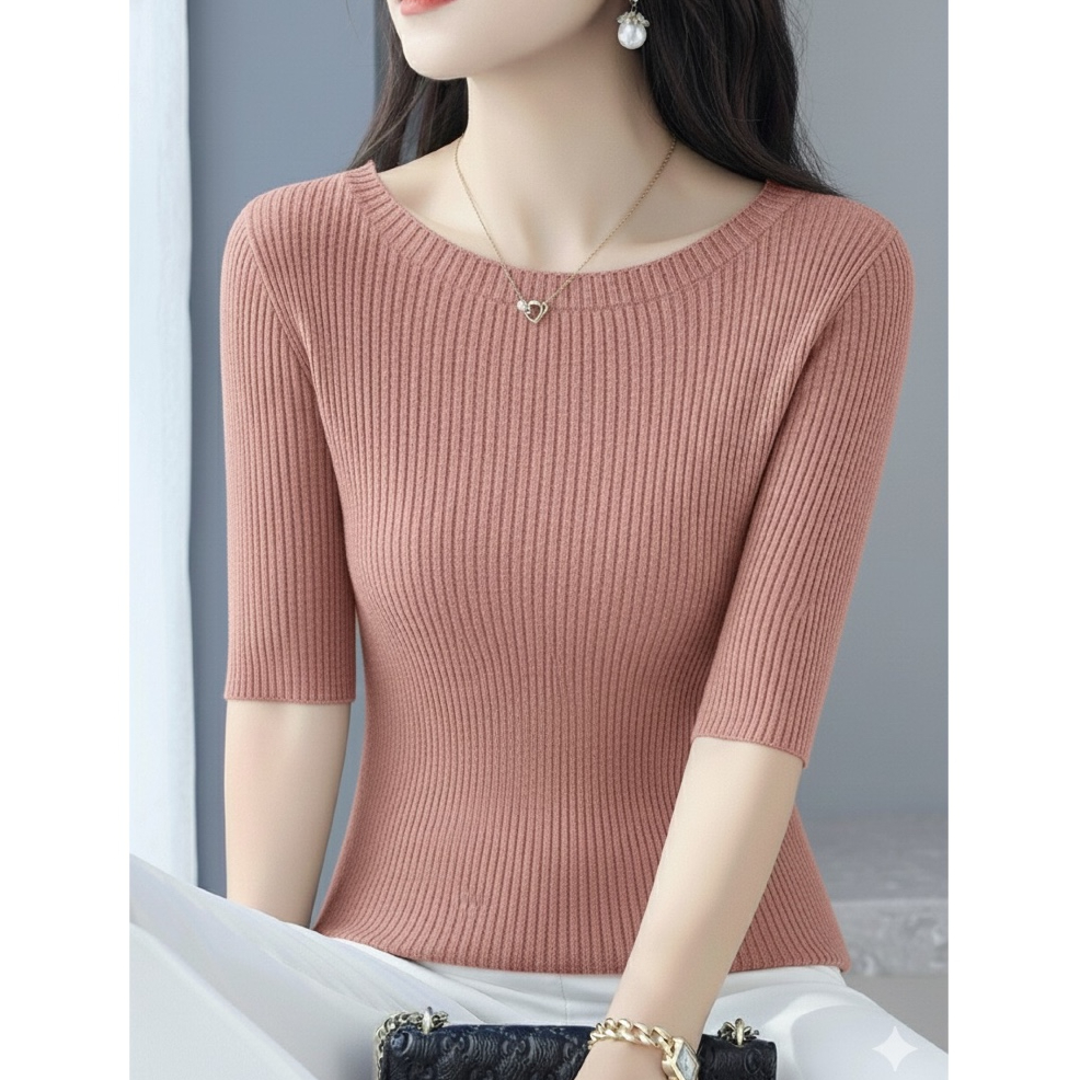 Jual Knit Rib Top Slim Fit Lengan Tiga Perempat Kerah Perahu /Atasan ...