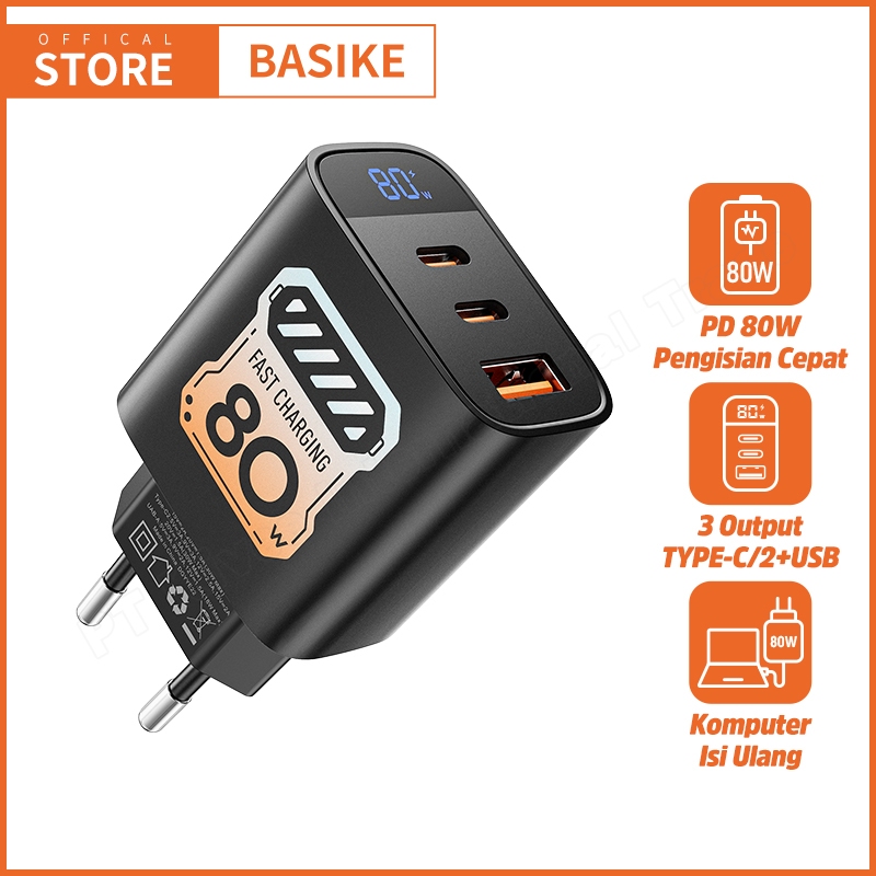 Jual BASIKE Charger Fast Charging GaN 80W Type C USB Tiga Port Layar ...
