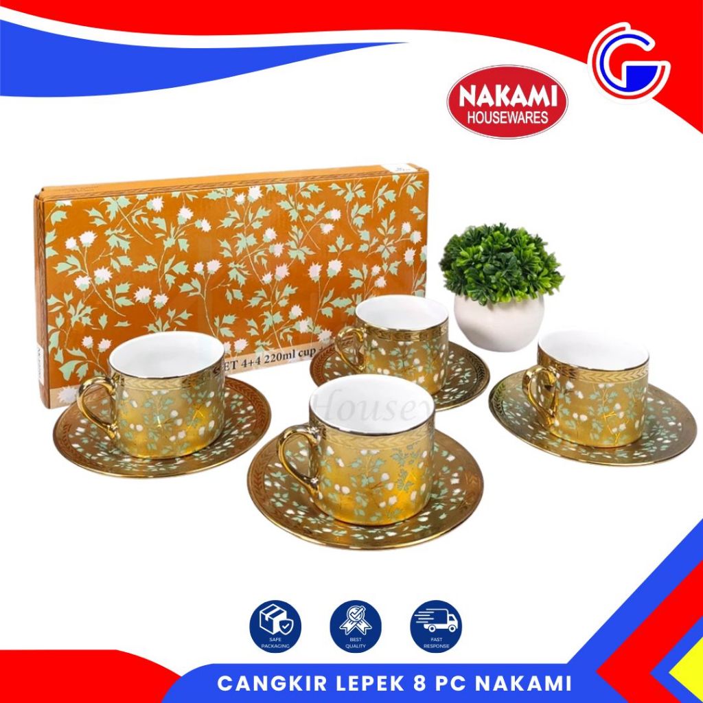 Nakami Gold Blossoms Tea Set Keramik 220Ml - Cup & Saucer 8 Pcs Gift Box - Set Cangkir Lepek Hampers Lebaran