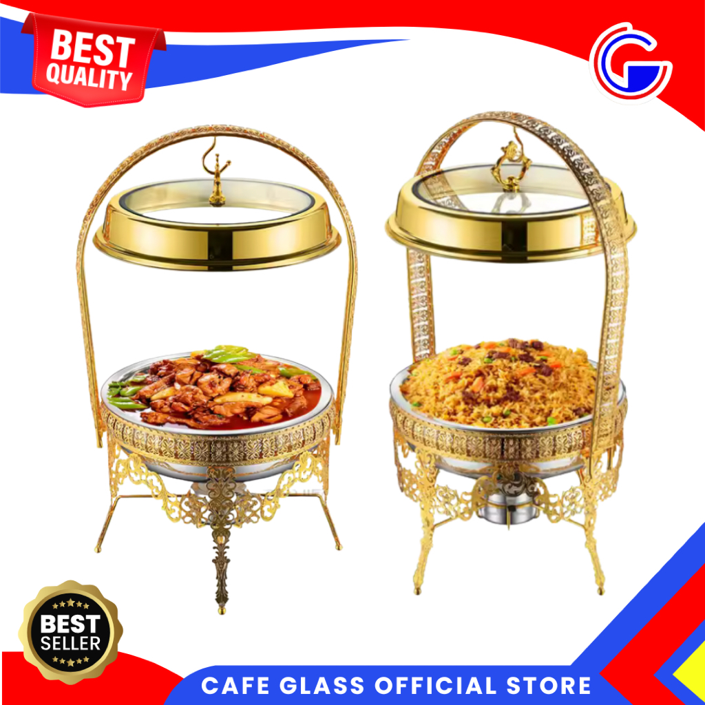 Wadah Prasmanan Set Stainless 8L Tutup Kaca - Penghangat Makanan Bulat Gold Arabic - Hanging Chafing Dish Silvana Butterfly