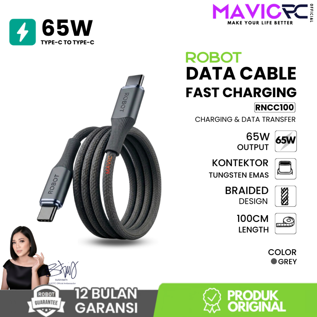 Jual ROBOT RNCC100 | RNCC200 Cable Kabel Data Type C To Type C Fast ...