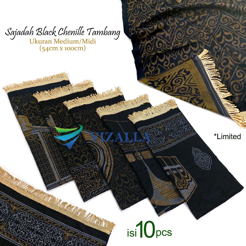 [isi 10pcs] Sajadah Black Chenille Tambang Midi 54x100cm/ Black Edition Prayer Mat