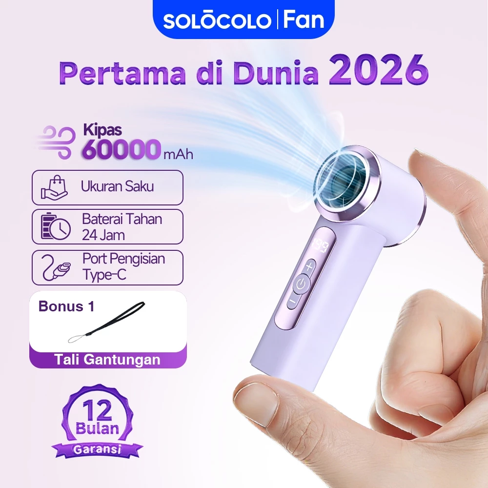 SOLCOLO Kipas Angin Mini Portabel 60000mAh Terbesar 2026 Tahan 24 Jam 11cm Saku Type-C Garansi Resmi 12 Bulan Original - foto 1