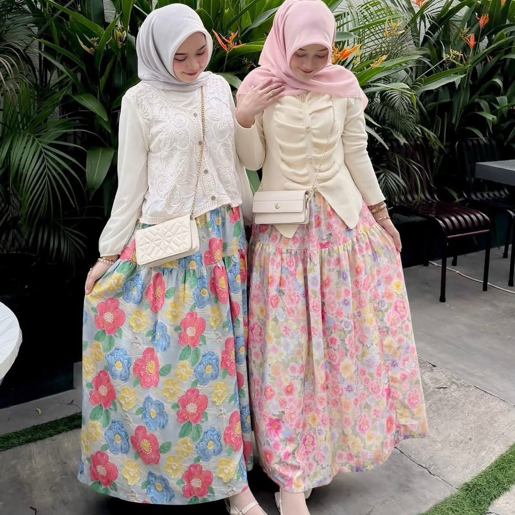 Jual Rosella Rok Wanita Motif Bunga Warna Cerah Rample Floral Skirt ...