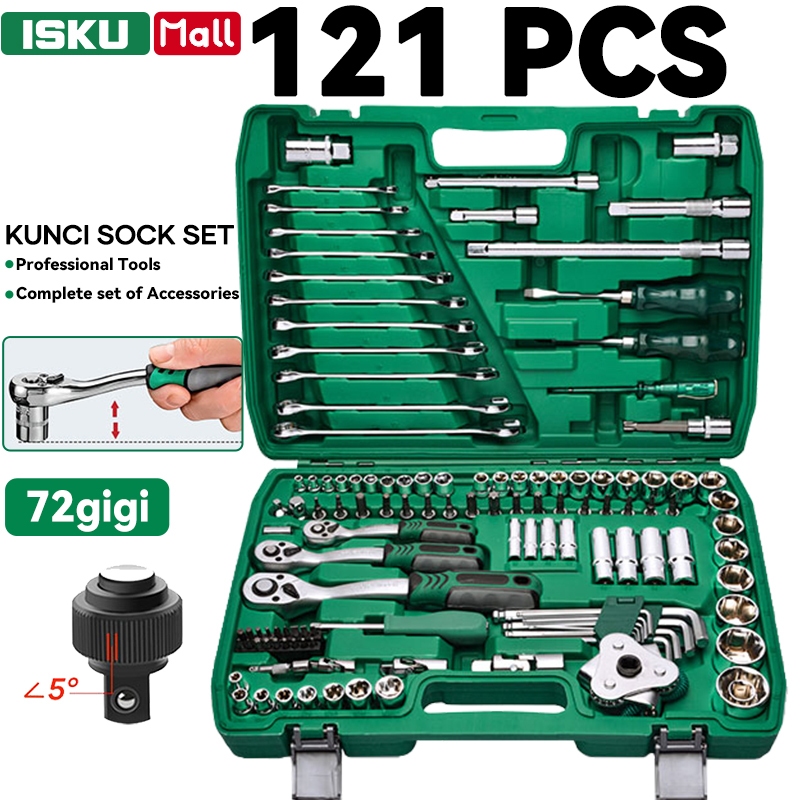 ISKU Kunci Sok Set 121 Pcs Tool Kit Kunci Shock Lengkap 1/2 3/8 1/4 Inch CR-V Ratchet 72 Gigi Kunci Ring Pas Kunci Filter Oli Busi Socket Wrench Alat Bengkel Motor Mobil Koper Perkakas Mekanik Heavy Duty Kombinasi Obeng Kunci L Komplit