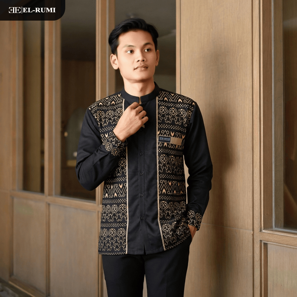 Baju Koko Pria Elrumi Lengan Panjang Kombinasi Batik Warna Hitam Motif Jarilist