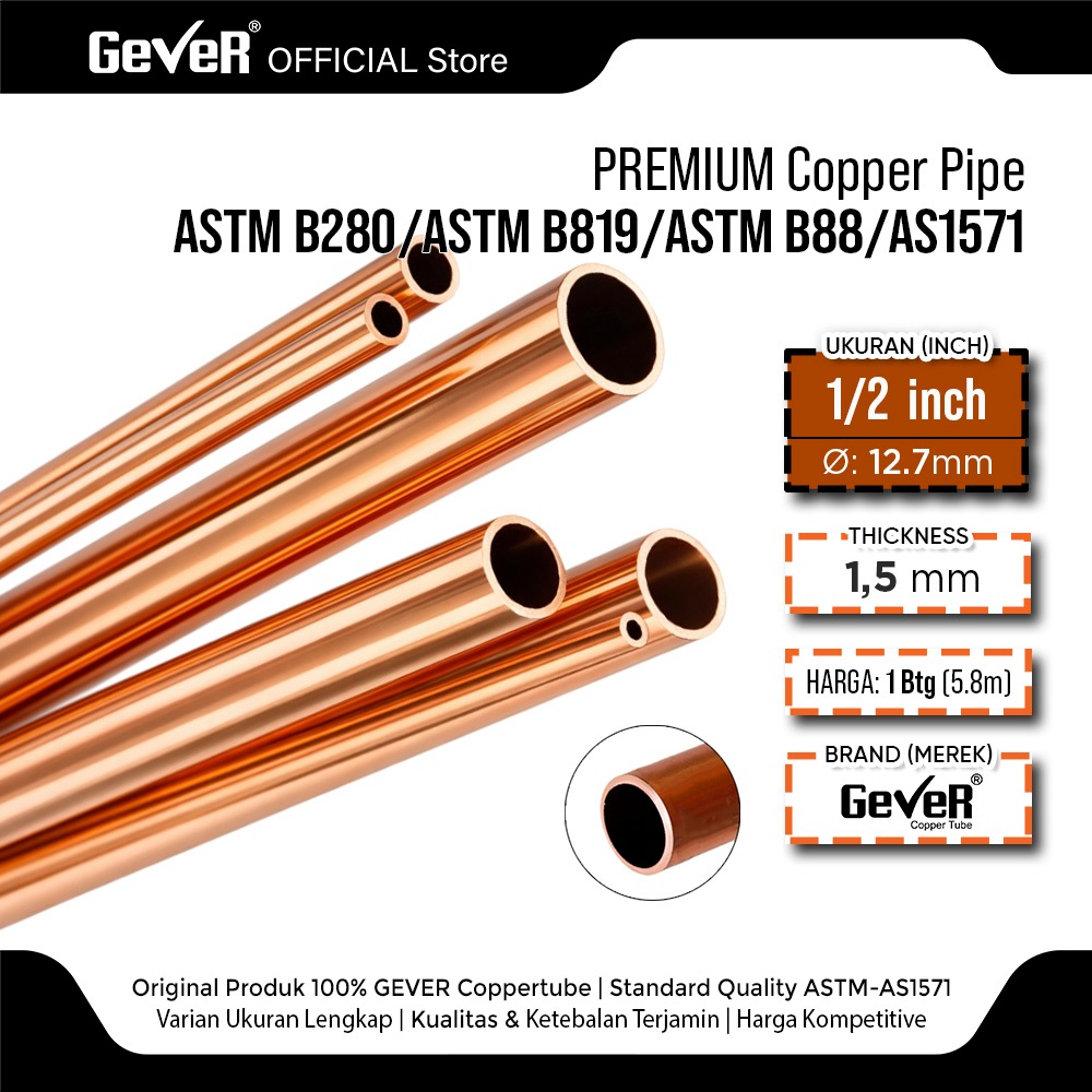 Jual PIPA TEMBAGA BATANG 1/2 INCH Pjg 5.8 meter GEVER COPPER TUBE ...