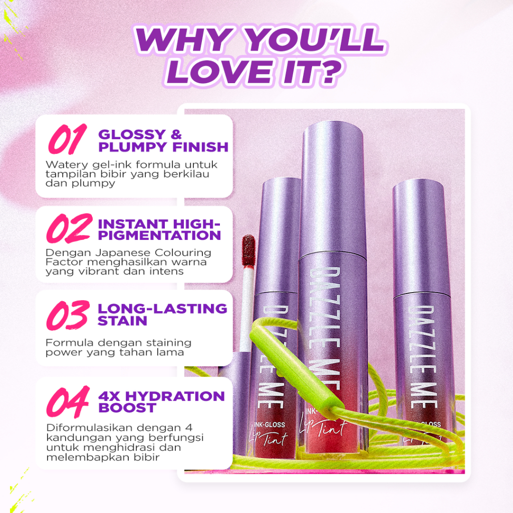 Jual DAZZLE ME Ink-Gloss Lip Tint Watery Ink Gel Lip Tint Long Lasting ...