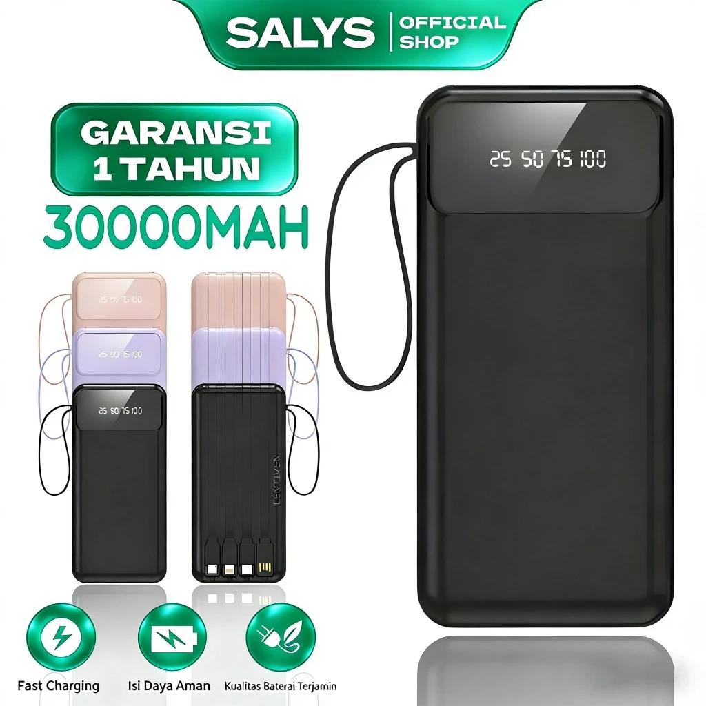 SALYS LENTIVEN 30000mAh Mini Powerbank Fast Charging with 4 Built-in Cables For Iphone Android LED Display BH356 - foto 1